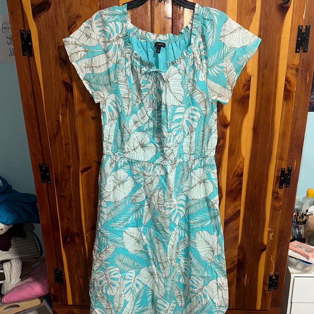 Talbots Aqua and White Leaf Print Midi Dress